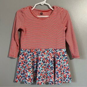 Tea Collection Red and White Striped Dress with Floral Multi Color Skirt